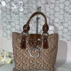 Guess Brown and Silver Tote Bag with Monogram Design
